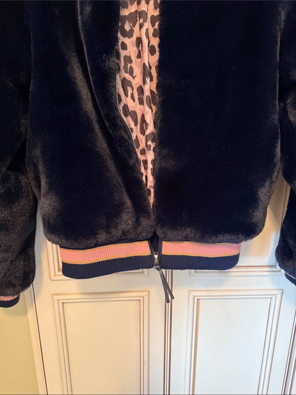 MOTHER Blue Teddy Faux Fur Varsity Jacket with Pink Accents & Leopard lining - Picture 5 of 6